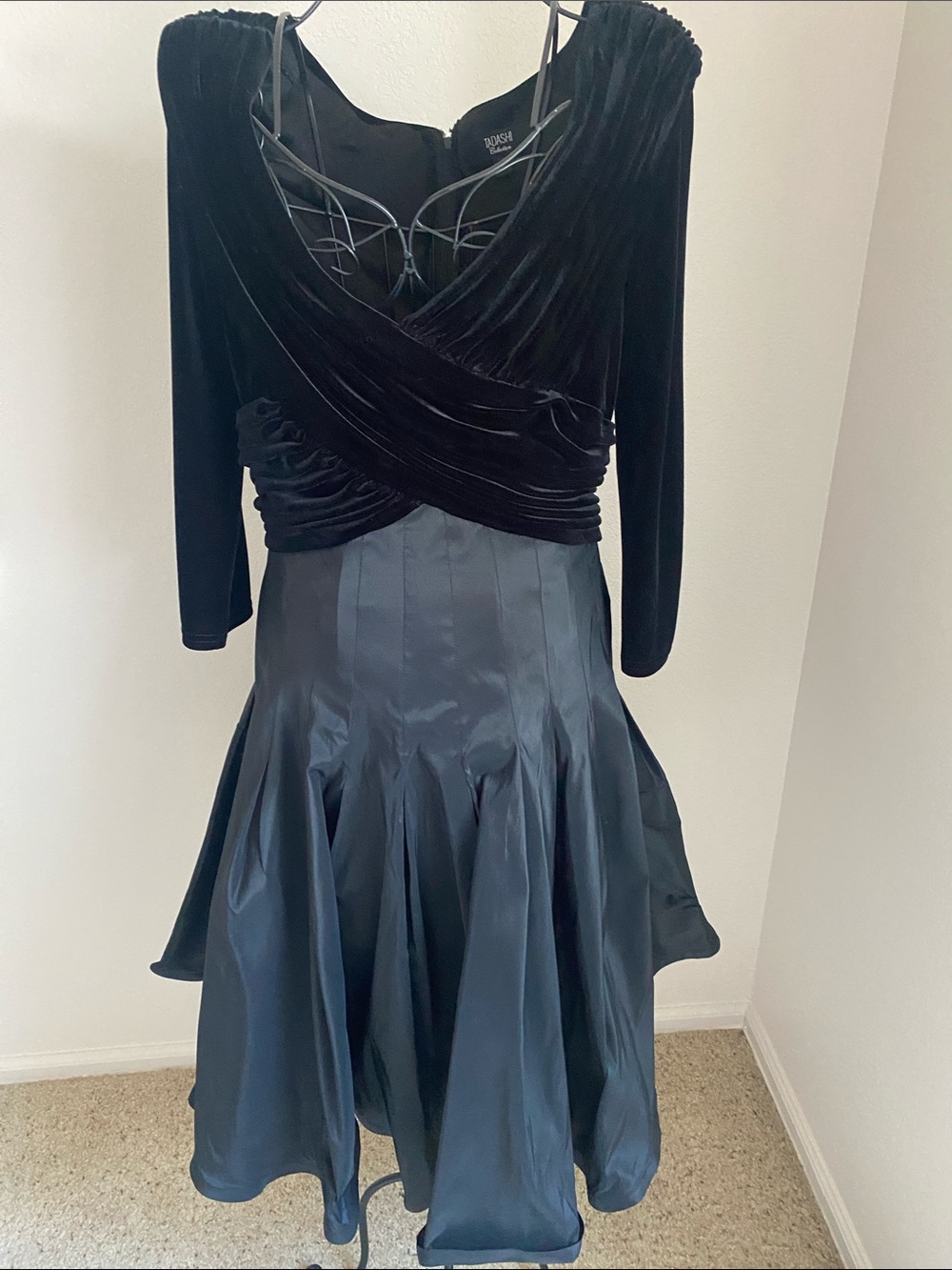 Tadashi Shoji Black Velvet Wrap Bodice & Satin Flared Skirt Dress